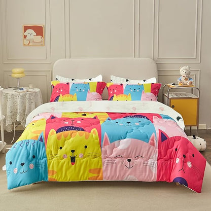 Wajade Kids Cute Cats Comforter Set Bed in A Bag Full Size 7 Piece Colorful Cartoon Pet Cats Bedding Set for Boys Girls (1 Comforter, 1 Flat Sheet, 1 Fitted Sheet, 2 Pillowcase and 2 Pillow Sham)