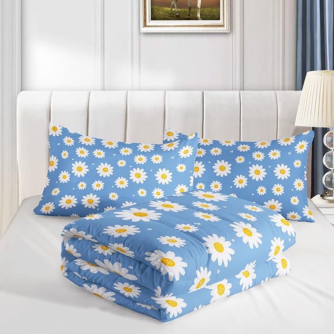 Datura home Flower Comforter Set Blue Daisy Floral Printed Pattern Quilt Bedding with 1 and 2 Pillowcases for Girls Women Bedroom All Season(Blue Queen) Queen 90x90inches