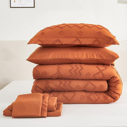 EMME King Comforter Set - 7 Pcs Pumpkin Boho Bedding Sets, King Size Tufted Comforter Set with Sheets, Shabby Chic Embroidery Bed Set Fluffy Bed Bag for All Season(102"X90")
