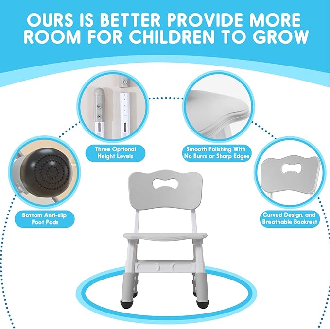 Kids Chair Height Adjustable Toddler Chair Max Load 220LBS Plastic Indoor Outdoor Chair for Children Age 1-6 School Home Daycare Use Grey