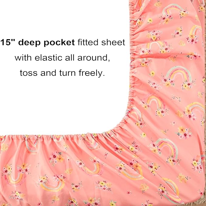 Mooreeke Full Size Comforter Sets for Girls Kids, 8 Pieces Bed in a Bag Pink Rainbow Flowers Bedding Comforter Sheet Set with Shams and Decorative Toy Pillow, Ultral Soft Microfiber Kids Bed Set