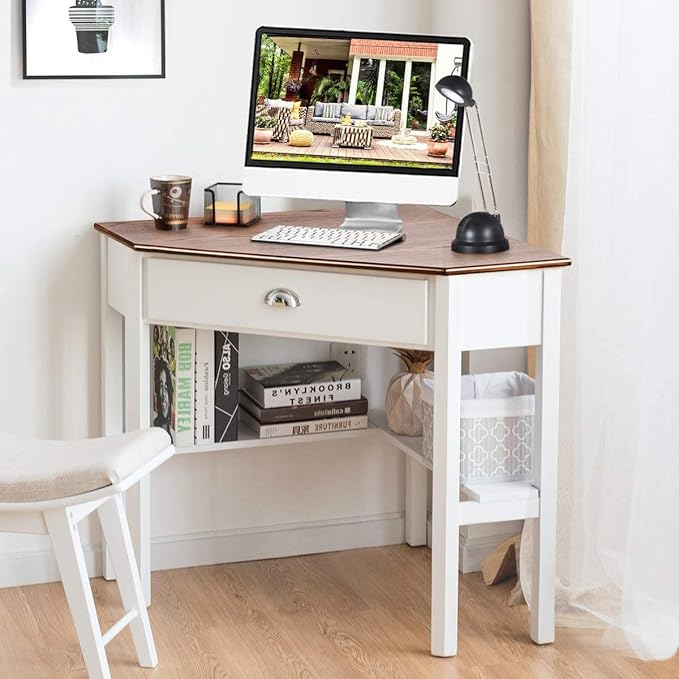 Nightcore Small, Wood Computer Desk, Compact Writing w/Drawer & Storage Shelves, Space Saving Study Workstation, Laptop PC Corner Table, Natural