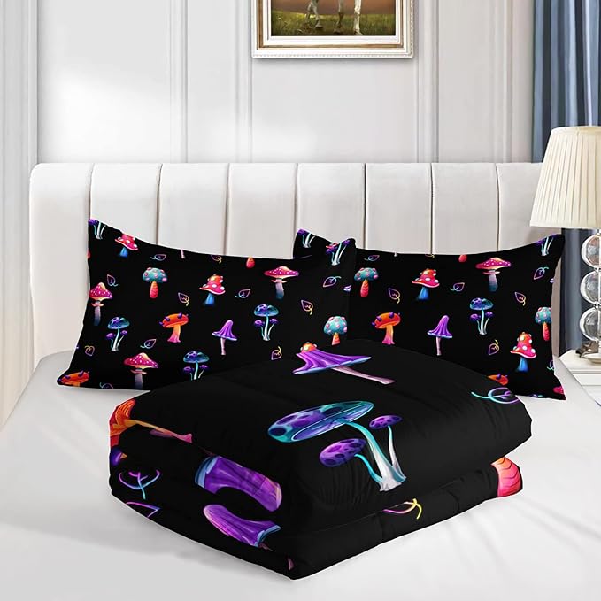 Colorful Mushroom Comforter Set Full Size Kids Mushroom Bedding Set Leaves Quilt Bed Set for Boys Girls Adults with 1 Comforter and 2 Pillowcases