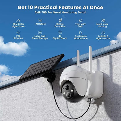ieGeek 5MP Security Cameras Wireless Outside, Solar Camera Outdoor Wireless WiFi 360° PTZ Battery Powered with Spotlight & Siren/Motion Detection/Color Night Vision/2-Way Audio/IP65, Works with Alexa