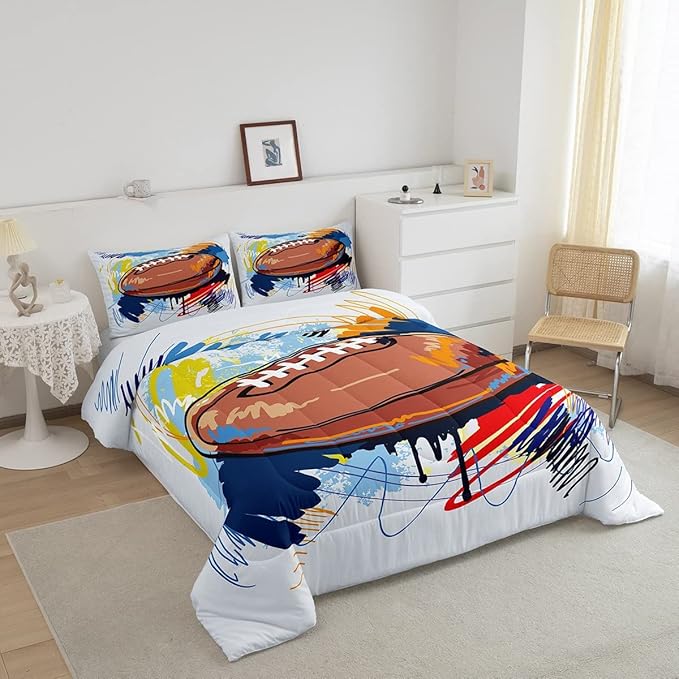 Boys Football Comforter Set Full Kids Teen Sports Bedding Set Bedroom Decor,Watercolor Tie Dye Hand Drawn Graffiti Football Bedding Comforter Sets Rugby Quilt Duvet 2 Pillow Cases Colorful Brown