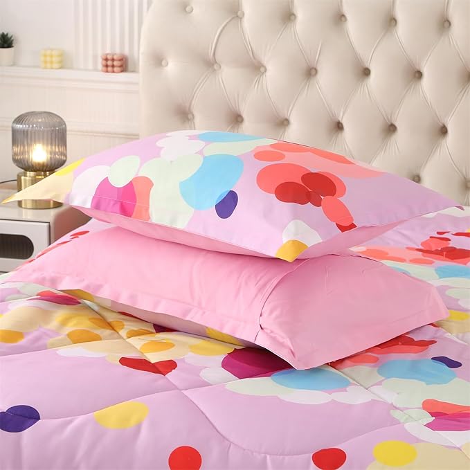 ENCOFT Pink Comforter Set Full for Girls and Boys Premium 3 Piece Rainbow Colorful Bubbles Bedding Set Kids Bed in A Bag All Season Comfortable for Teens and Adults with 1 Comforter and 2 Pillowcases