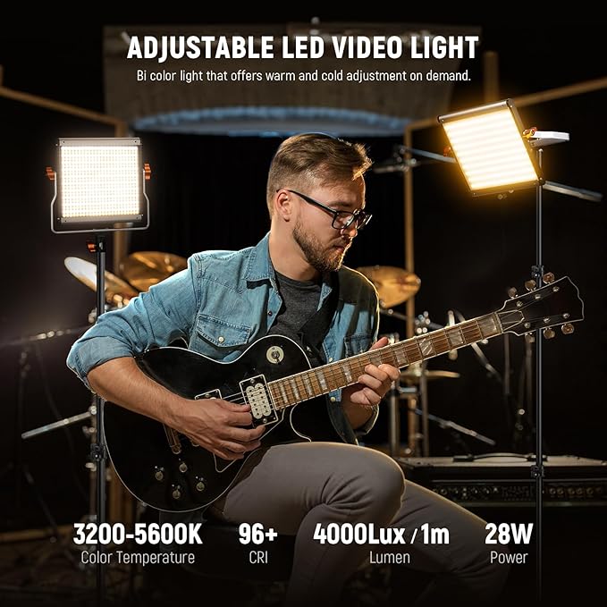 NEEWER 2 Pack Bi Color Dimmable 480 LED Video Light and Stand Kit, 28W 3200K-5600K CRI 96+ LED Panel with U Bracket, 75" Light Stand, Cleaning Cloth, Bag for YouTube Video Recording Studio Photography