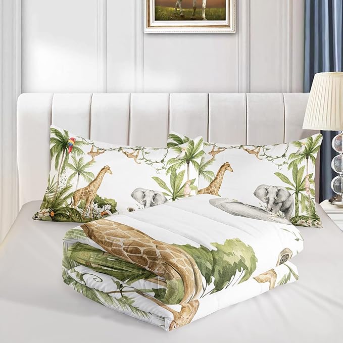 Elephant Giraffe Monkeys Comforter Queen Size,Wild Animals Kids Comforter Set,3Pcs Bedding Set Printed Comforter with 2 Pillowcases,Down Alternative,Soft and Lightweight,for All Seasons