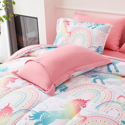 Twin Comforter Set for Girls, 6 Pieces Bed in a Bag, Colorful Unicorn Bedding Comforter Sheet Set, Ultra Soft and Fluffly, Pink & Rainbow Color, Colorful Bed in a Bag for Girls
