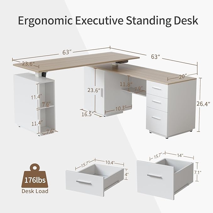 FEZIBO 63" L Shaped Executive Standing Desk with 3-Drawer File Cabinet, Electric Height Adjustable Stand up Desk for Home Office, Computer Desk with Storage Cabinets, White Frame Light Walnut Top