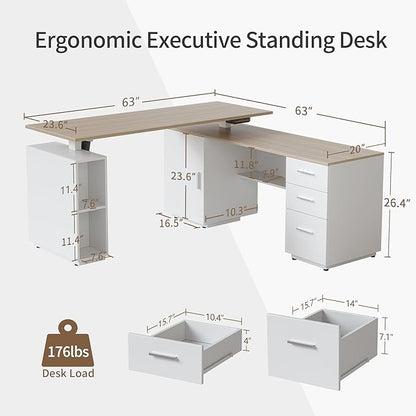FEZIBO 63" L Shaped Executive Standing Desk with 3-Drawer File Cabinet, Electric Height Adjustable Stand up Desk for Home Office, Computer Desk with Storage Cabinets, White Frame Light Walnut Top