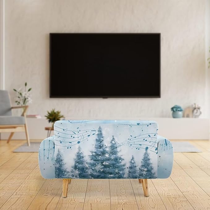 FKELYI Blue Christmas Tree Easy Going Stretch Sofa Slipcover Snow Sofa Couch Cover with Elastic Bottom Stretch Sofa Slipcovers L