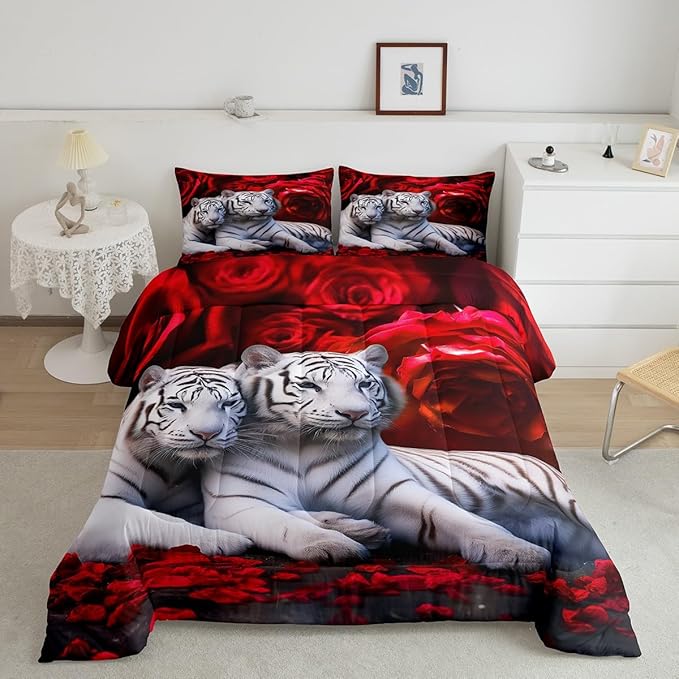 Tiger Comforter Set Twin, Red Rose Down Comforter Kids Girls Women,Red Image of Large Cat Playing with Water Cool Nature Animal Quilted Duvet Insert Gorgeous Floral Flower Bedding Comforters,Brown