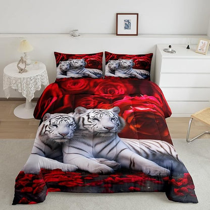 Tiger Comforter Set Queen, Red Rose Down Comforter Kids Girls Women,Red Image of Large Cat Playing with Water Cool Nature Animal Quilted Duvet Insert Gorgeous Floral Flower Bedding Comforters,Brown