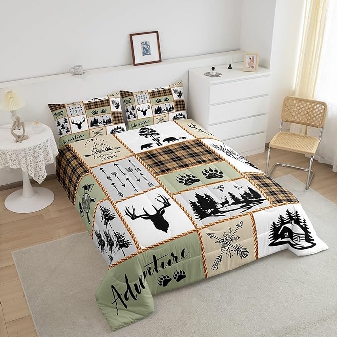 Camper Adventure Kids Comforter Set Twin Size,Deer Antlers Bear Paws Farmhouse Bedding Set for Boys Girls Adults Room Decor,Arrows Plaids Patchwork Down Comforter,Rustic Duvet Insert,1 Pillowcase