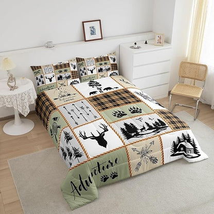Camper Adventure Kids Comforter Set Full Size,Deer Antlers Bear Paws Farmhouse Bedding Set for Boys Girls Adults Room Decor,Arrows Plaids Patchwork Down Comforter,Rustic Duvet Insert,2 Pillowcases