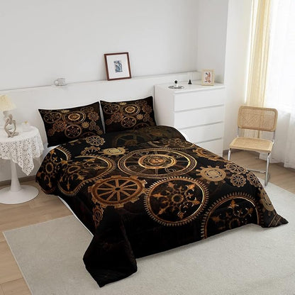 Golden Ndustrial Gear Comforter Set Queen Size Steampunk Style Bedding Set Clocks Theme Bedding Sets & Collections For Kids Boys Teens Men Mechanical Device Quilt Set,Retro Style Bedroom Decor