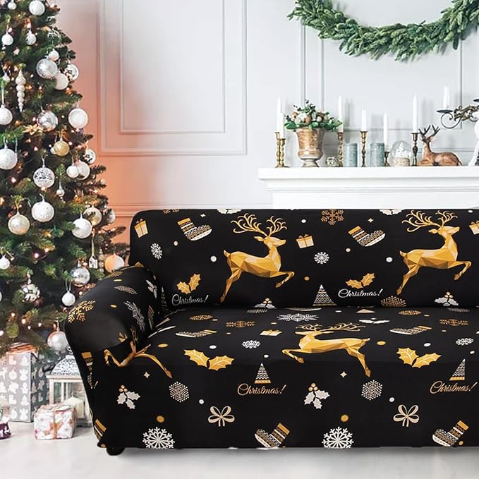 Mybedsoul Christmas Printed Black Sofa Cover Reindeer Printed Elastic Couch Cover Machine Washable Christmas Theme Red Sofa Slipcover for Living Room(3 Seater/Loveseat)
