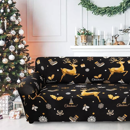 Mybedsoul Christmas Printed Black Sofa Cover Reindeer Printed Elastic Couch Cover Machine Washable Christmas Theme Red Sofa Slipcover for Living Room(3 Seater/Loveseat)