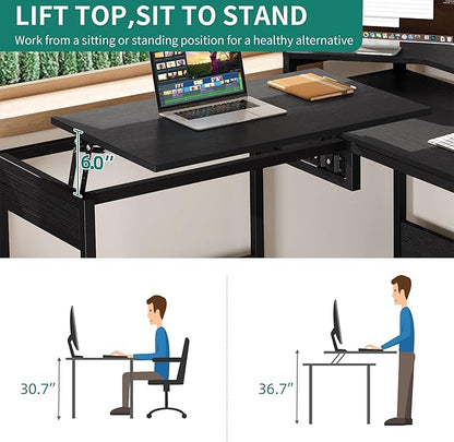 YITAHOME L Shaped Desk with File Drawer, 65" Large Computer Desk Corner Desk with Lift Top, Standing Desk Height Adjustable with Monitor Stand & Storage Shelves for Home Office, Black