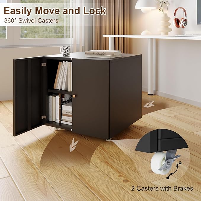 Mobile Mobile Printer Stand with Storage, Lateral Filing Cabinet with Adjustable Shelf, Under Desk Black Small Rolling Printer Table Work Cart with Wheels Organizer Spaces for Office