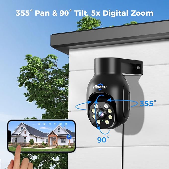 Hiseeu Security Camera Wireless Outdoor, 5MP Color Night Vision WiFi Surveillance Camera Pan/Tilt with Motion Detection/Siren/Light Alarm, 2-Way Audio, IP66 Weatherproof, Work with Echo Show Black