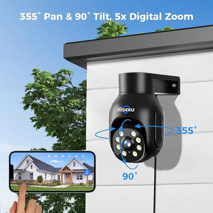 Hiseeu Security Camera Wireless Outdoor, 5MP Color Night Vision WiFi Surveillance Camera Pan/Tilt with Motion Detection/Siren/Light Alarm, 2-Way Audio, IP66 Weatherproof, Work with Echo Show Black