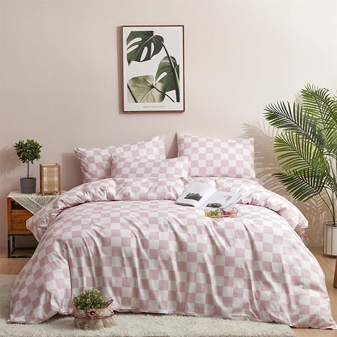 Wellboo Pink White Plaid Comforter Sets King Women Men Bean Pink and White Checkerboard Grid Bedding Comforters Cotton Boys Girls Modern Dusty Pink Checkered Geometric Quilts Luxury Abstract Bed