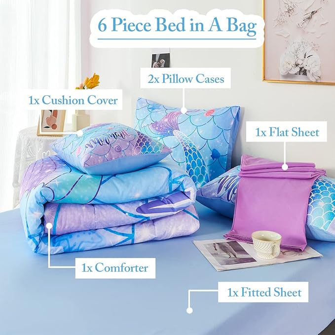 URBONUR Mermaid Tail Bedding Set Queen Size, 6Pcs Fish Scales Print Bed in a Bag Girls Queen Comforter Set, Ombre Aqua Blue Teal Pink Purple Bed Sets for Girls Bedroom Decor