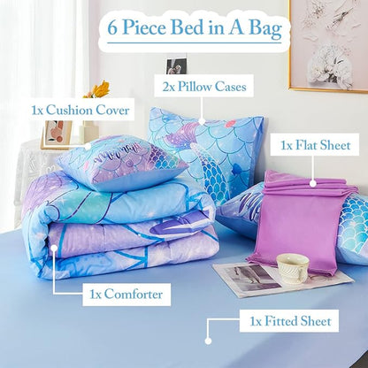 URBONUR Mermaid Tail Bedding Set Queen Size, 6Pcs Fish Scales Print Bed in a Bag Girls Queen Comforter Set, Ombre Aqua Blue Teal Pink Purple Bed Sets for Girls Bedroom Decor