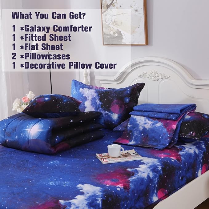 JQinHome Full Galaxy Comforter Sets 6 Piece Bed in A Bag, Outer Space Themed Bedding for Children Boy Girl Teen Kids - (1 Comforter, 1 Flat Sheet, 1 Fitted Sheet, 2 Pillowshams, 1 Cushion Cover)