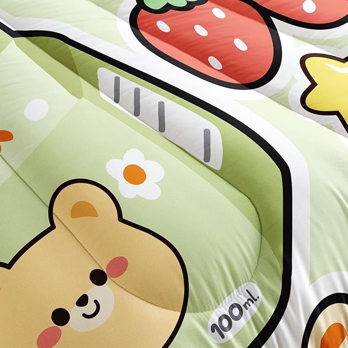 Datura home Kawaii Strawberry Bear Comforter Bedding Set for Kids Boys and Girls Teens, Cute Cartoon Fruit Print Light Green with 1 2 Pillowcases(Kawaii Twin 68x86inches)