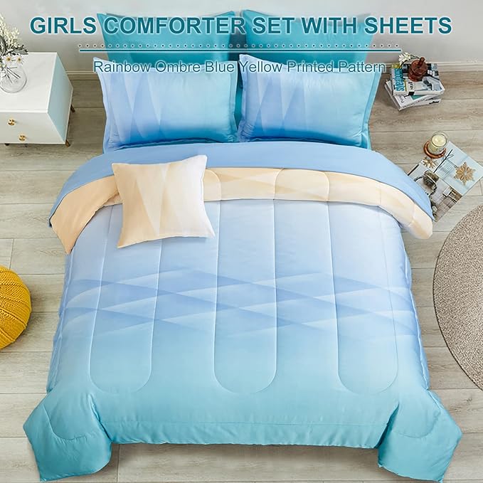 Girls Comforter Set Queen Size Colorful Ombre Blue Yellow Rainbow Bedding Set 7 Pieces Bed in A Bag for Teen Girls Women(1 Comforter, 1 Flat Sheet, 1 Fitted Sheet, 2 Pillow sham, 2 Pillowcases)