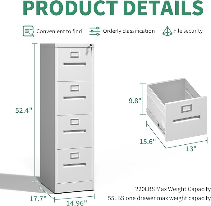 4 Drawer File Cabinet,Metal Filing Cabinets with Lock,White Vertical File Cabinet for Home Office,Heavy Duty Metal Storage Cabinet for A4/Letter/Legal Size File,Assembly Required