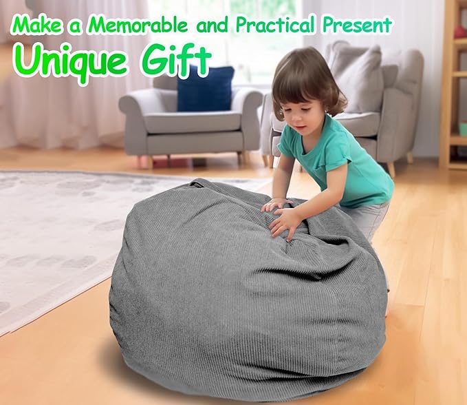 Premium Corduroy Stuffed Animal Storage Bean Bag Chair Cover (No Filler) for Organizing Plush Toys Or Textile Stuffable Bean Bag Sack for Adults Teens Children Lazy Chair Playroom Washable Cover