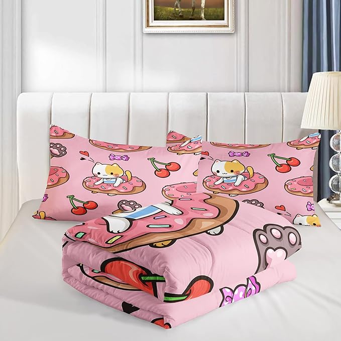 Kawaii Cat Comforter Queen Size,Doughnut Cherry Cat Comforter Set for Kids Teens Girls,3Pcs Bedding Set Printed Comforter with 2 Pillowcases,Soft and Lightweight(Pink，Queen Size)