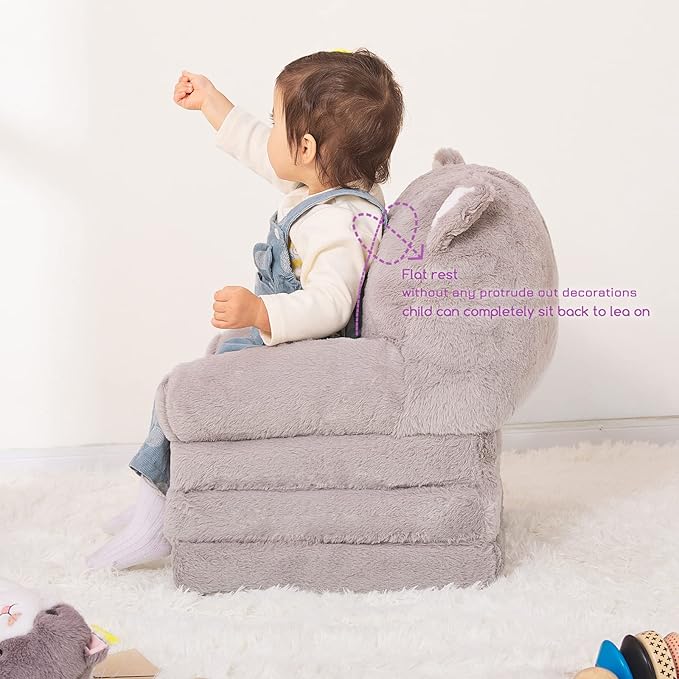 Kids Couch Fold Out Soft Toddler Chairs,Toddler Armrest Chair Bed for Play,Gift for 0-3 Years,Grey Kitty