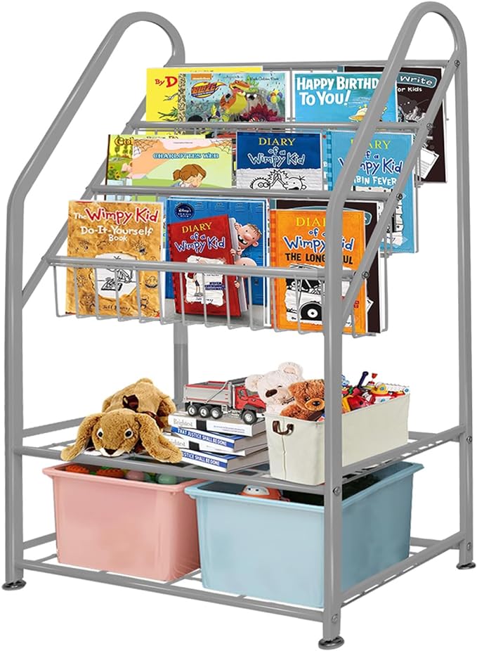 aboxoo Metal Kids Bookshelf Grey Toy Chests & Organizers Large Freestanding for Children Toy Chests & OrganizersRoom 25 in Toy Organizer Large Stable Bookcase Bookstore Library Bed Living Room