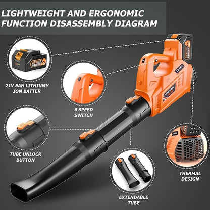Leaf Blower - 320CFM 180MPH 21V Leaf Blower Cordless with 2 X 5.0 Ah Battery & Charger, Electric Leaf Blower Battery Powered Leaf Blower Lightweight for Snow Blowing & Lawn Care Yard Cleaning
