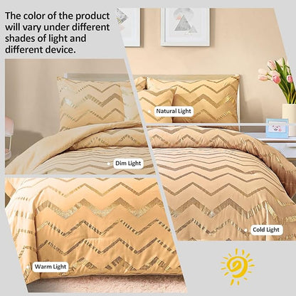 Yellow Gold Comforter Set Twin Size Metallic Bedding Set for Girls Lightweight Microfiber Comforter Set,3 Piece (1 Matching Sham + 1 Decorative Pillow)