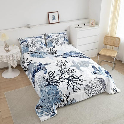 Turtle Comforter Set Twin,White Blue Hawaiian Turtle Bedding for Kids,Reptile Tortoise Quilt Duvet Set Coastal Beach Theme Comforter Retro Sea Turtle Bed Set for Boys Girls Bedroom Decor(Marine life)