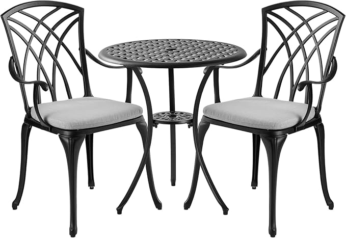 3 Piece Bistro Table Set Cast Aluminum Outdoor Bistro Table and Chairs Set of 2 with Cushion,Patio Bistro Sets with 1.97" Umbrella Hole,Metal Bistro Patio Set for Garden,Black