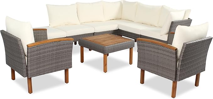 Merax Outdoor Patio Furniture Sets, Free Combination Wicker Sofa, 9-Piece, Rattan w/Wood Tabletop & Legs, Beige