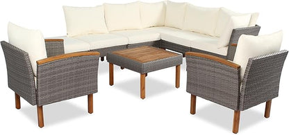 Merax Outdoor Patio Furniture Sets, Free Combination Wicker Sofa, 9-Piece, Rattan w/Wood Tabletop & Legs, Beige
