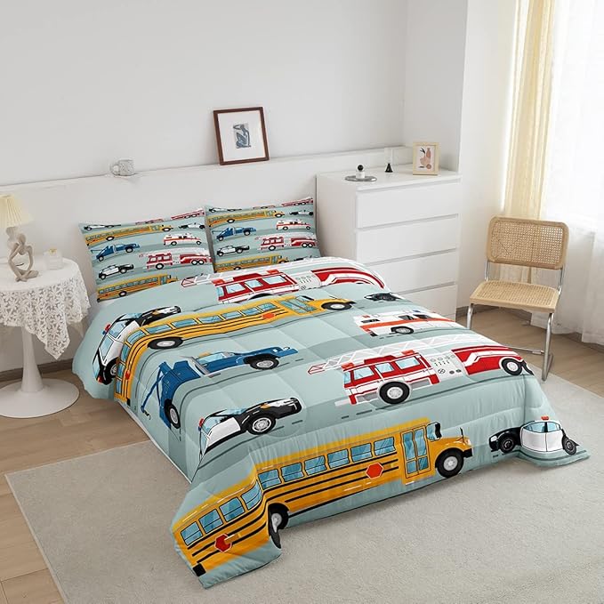 Erosebridal Fire Truck Comforter Set,Police Car Down Comforter King Size,School Bus Bedding Set for Kids Boys Teens Youth,Equipped Truck Cartoon Vehicle Quilt Duvet Insert Bedroom Dorm Decor 3 Pcs