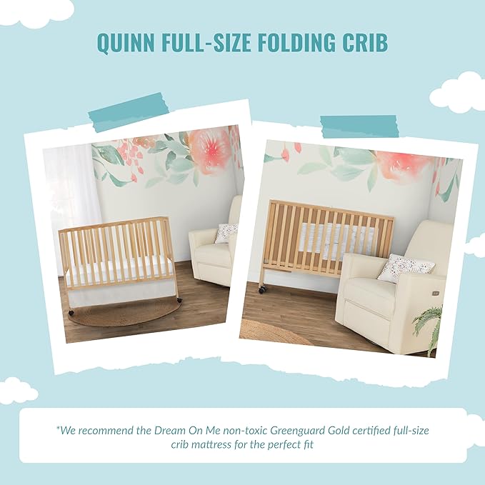 Quinn Full-Size Folding Crib in Natural, Removeable Wheels, Modern Nursey, Adjustable Mattress Support, Portable Crib, Patented Folding System