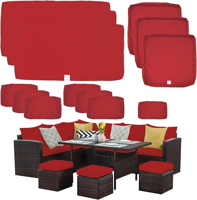 ClawsCover 13Pack Outdoor Seat and Back Cushions Replacement Covers Fit for 7Pieces Wicker Rattan Patio Furniture Set Sectional Couch with Dining Table and Ottoman,Red-Include Cover Only