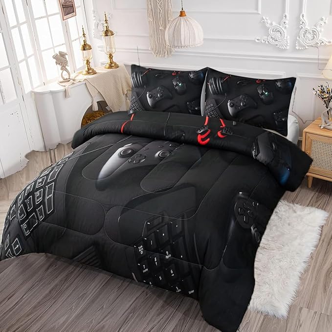 Gamer Comforter Set Twin Size for Boys Kids 3D Gaming Microfiber Quilts Black Video Game Bedding Sets Room Decor Gaming Bedding Set All Season for Game Lovers(Color 1,Twin)