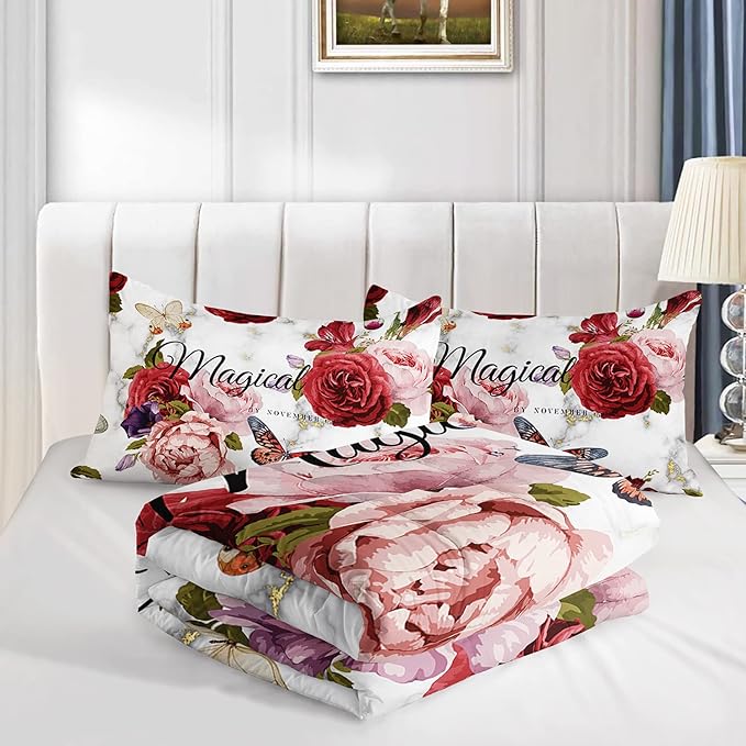 Butterfly Comforter Set for Girls Kids Adults Watercolor Butterfly Rose Bedding Set Aesthetics Butterflies Quilt Duvet Set Full Size with 1 Comforter and 2 Pillowcases