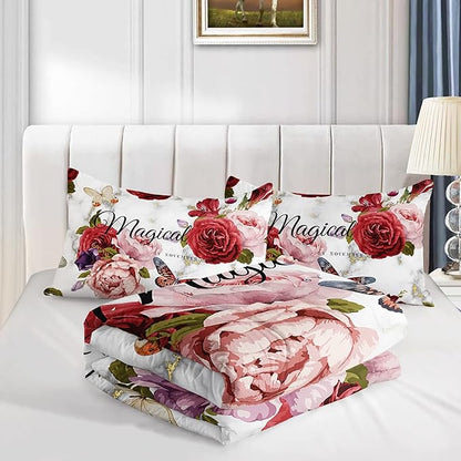 Butterfly Comforter Set for Girls Kids Adults Watercolor Butterfly Rose Bedding Set Aesthetics Butterflies Quilt Duvet Set Full Size with 1 Comforter and 2 Pillowcases